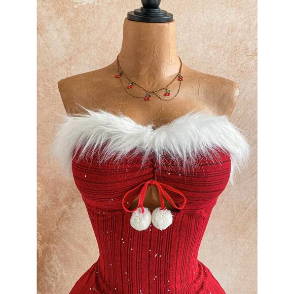 Sexy Christmas Pompom White Fur Trimmed Knit Mini Red Dress XS, S, M, L - Picture 6 of 6